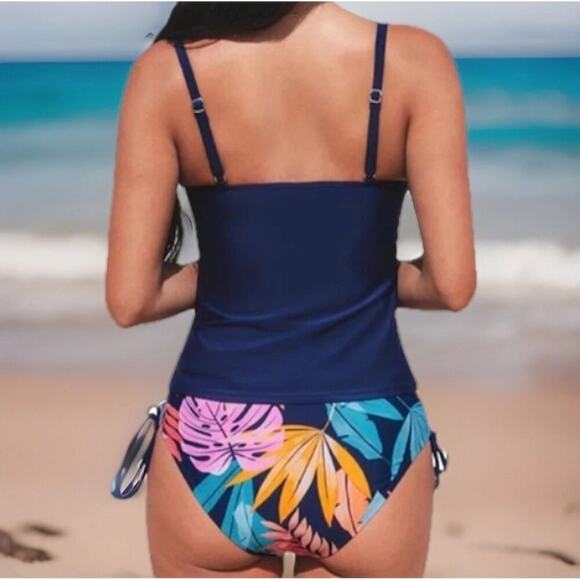 Cupshe Women’s Tankini Swimsuit S Blue Tropical 2 Piece Scoop Neck UPF 30 Tie - Picture 3 of 9